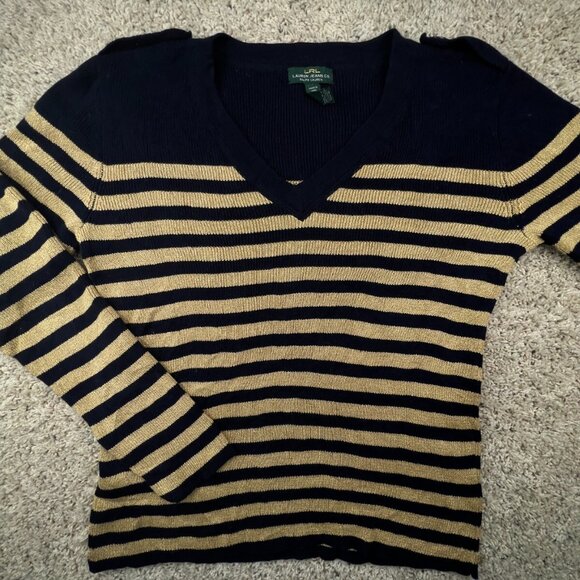 Lauren Ralph Lauren Women’s Sweater Large Navy Blue Gold Striped Shiny Pullover - Picture 1 of 12